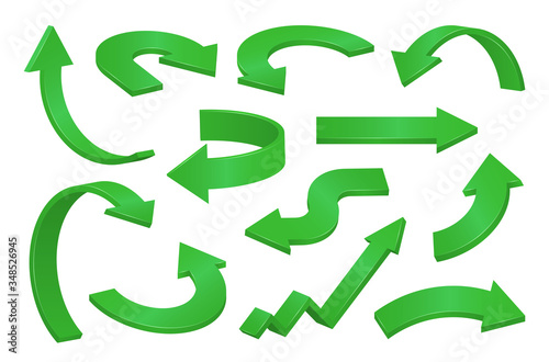 Straight, curved, round, zigzag green 3d arrows collection. Right, left, up, down, turning pointers.