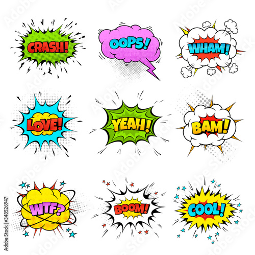 Vector set of comic sound effects, isolated on white and halftone background. Speech bubbles.