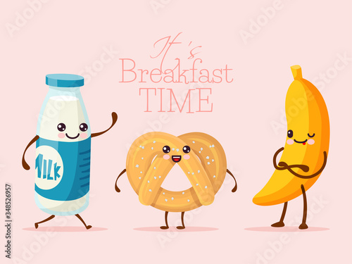 Breakfast funny cartoon character, banana fruit, sweet cookie biscuit and milk glass bottle flat vector illustration. Drawn person hold hand, bagel amusing contented luncheon foodstuff.