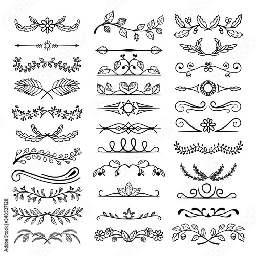 Natural floral linear text dividers set. Ornamental symmetrical borders, laurels, page decorations.