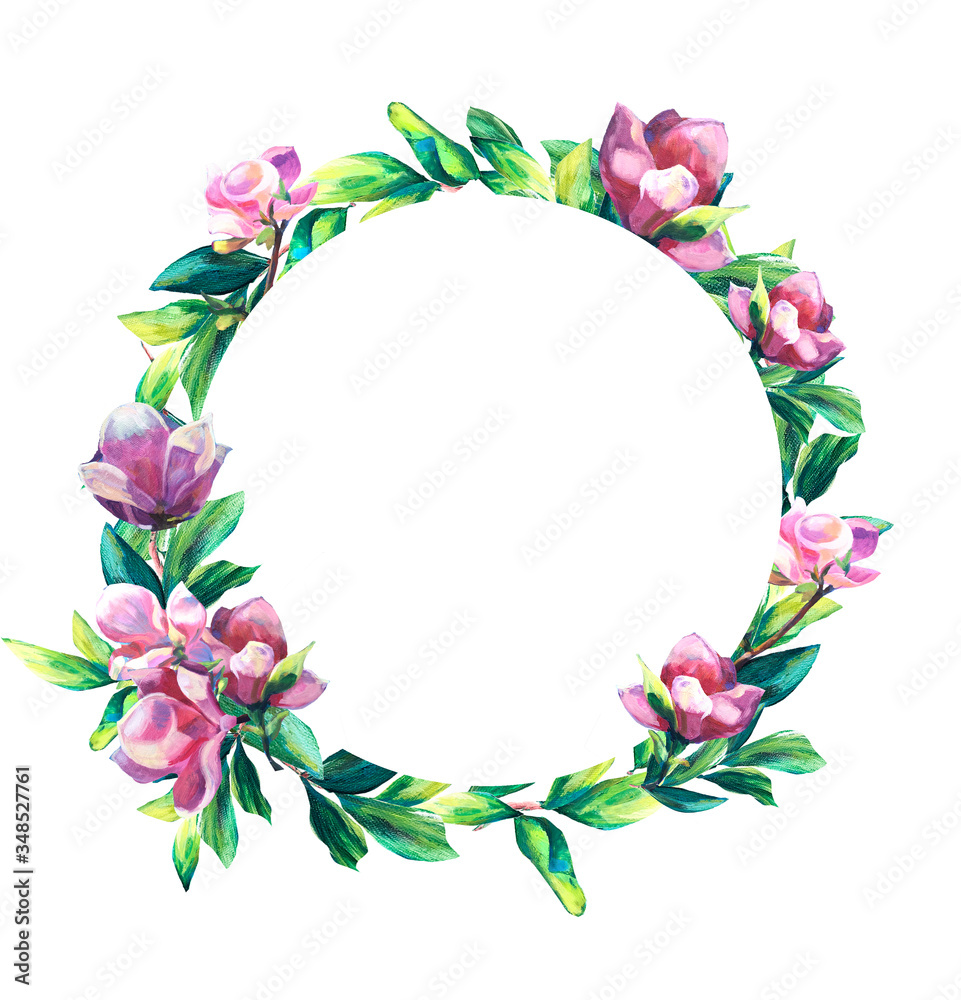 Circle Floral frame with pink Flowers and leaves. Hand painted texture. Spring blossom of Magnolia. Foliage border for greeting, inviting, wedding,