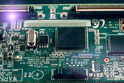 Microcontroller pcb. Close up printed circuit board of an electronic device