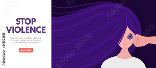 Stop domestic violence. Woman is punched in face by aggressor. Girl with purple hair. Concept is for crisis help center or for advocacy for women's rights. Poster, banner, brochure. Vector, eps10