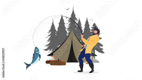 The fisherman caught the fish. Vacation concept with a tent and fishing. Tent, silo forests, bonfire, logs, a man with a wretch. Isolated. Vetkor.