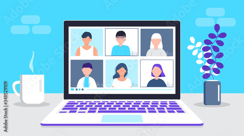 Remote work vector. School class is studying. Video call conference concept. Social distancing during quarantine. University online course illustration. Teleconference and webinar