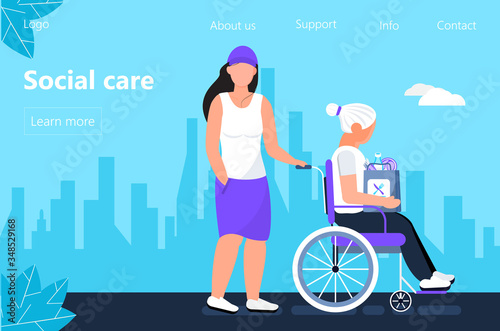 Social worker is taking care about senior woman. Support disable people concept vector in flat style for landing page. Volunteer, young woman rides wheelchair.