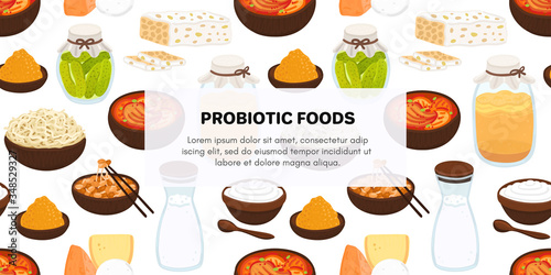 Vector background with probiotic foods. Best sources of probiotics. Beneficial bacteria improve health. Design for label, header, brochure, menu, banner, article about diet, healthy proper nutrition