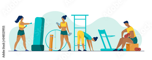 People in fitness club. Men and women training bodies, weight lifting, stretching muscles in gym. Vector illustration for sport, exercising, active lifestyle concept