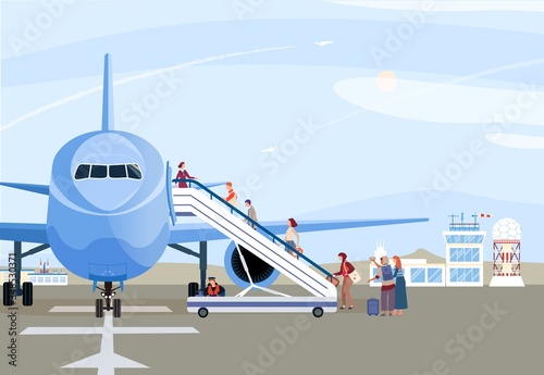 People boarding airplane, passengers walking up ramp, plane on airport runway, vector illustration. Transportation service, men and women cartoon characters. Aircraft boarding and ready for departure
