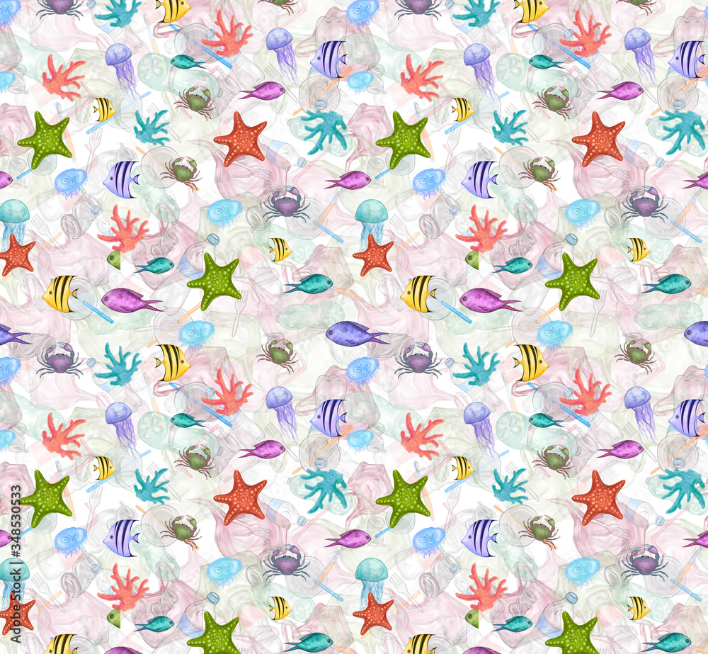 Fototapeta Clip art corals, crab, sea fishes, sea horses, jelly fishes and seaweed, starfishes in plastic trash seamless pattern. Hand drawn watercolor illustration of Ocean pollution. Ecological problem.