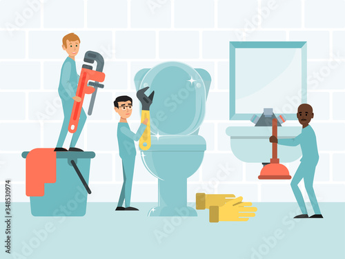Tiny character plumbing service working concept, flat vector illustration. Washing machine repair, toilet and sink. Wrench plunger labour tool, water supply system, bathroom and washroom renovation.