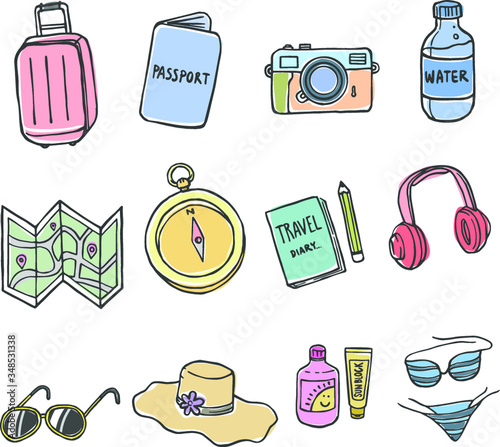 Set of Doodles Holiday,  Travel iCon with Color on iSolated White Background.