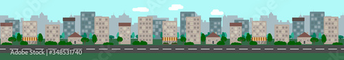 The city landscape with empty road. Prepared for infinite looping. Flat style vector illustration.