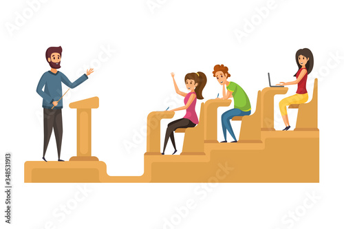 Lecture, study, education concept. Happy man teacher student explaining topic to young men women pupils students at auditorium seminar in university or college. Learning process, high school lesson.