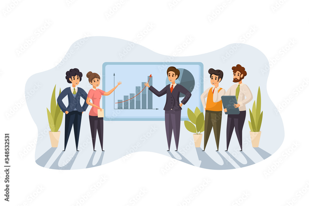 Business meeting, presentation, training, teamwork concept. Group team of business people businessmen women at office meeting together. Profit growth demonstration cooperative coworking illustration. Business meeting, presentation, training, teamwork concept. Group team of business people businessmen women at office meeting together. Profit growth demonstration cooperative coworking illustration.
