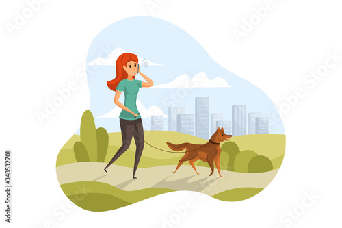Communication, technology, healthcare, walking concept. Young happy woman or girl cartoon character strolling with dog pet in park outside talking on smartphone. Healthy lifestyle and summer activity.