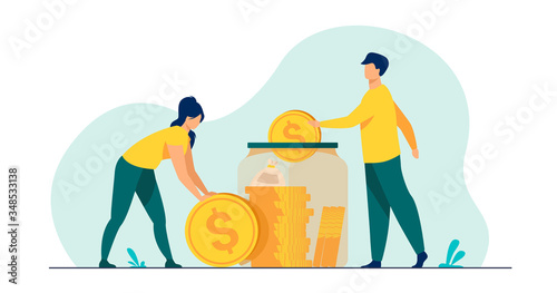 Family couple saving money. Man and woman inserting cash into glass jar. Vector illustration for finance, deposit, economy, investment, banking, concept