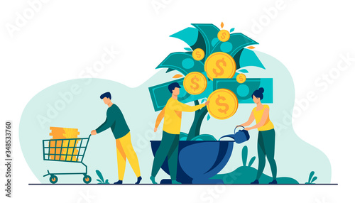 People growing money tree. Investors watering plant with cash, getting revenue. Vector illustration for business, finance, investment, growth, prosperity concept