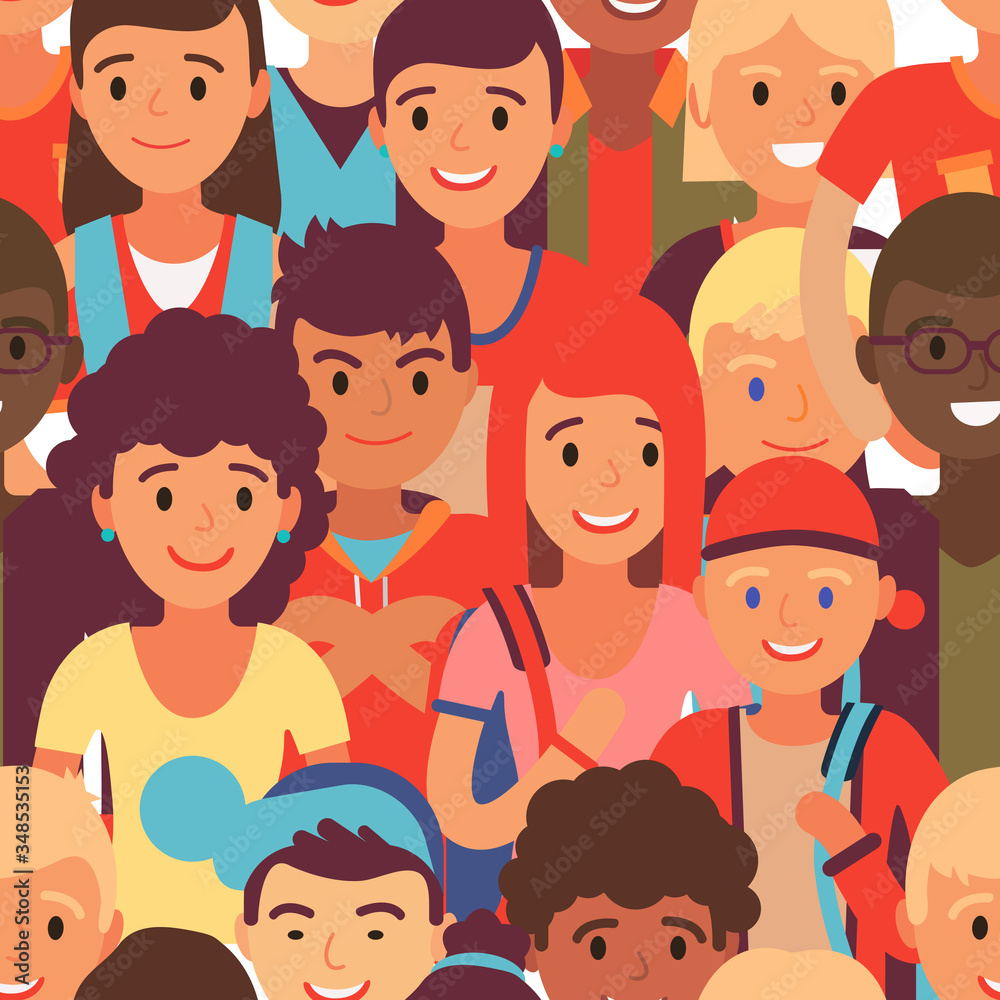Group teenager character pattern, flat vector illustration. Young together student walk, juvenile people different nation, future youthful working professional, international diversity. Group teenager character pattern, flat vector illustration. Young together student walk, juvenile people different nation, future youthful working professional, international diversity.