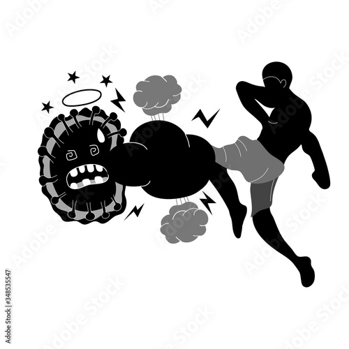 The man defeated Coronavirus. Vector cartoon character illustration icon design.