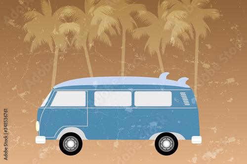 Retro van with translucent stipple design on blue with surfboard and palms