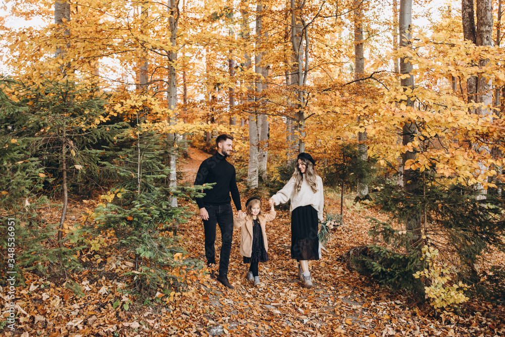 Stylish family in the autumn forest. A young guy and a girl are walking along a forest road among yellow leaves with their daughter. Stylish family in the autumn forest. A young guy and a girl are walking along a forest road among yellow leaves with their daughter.