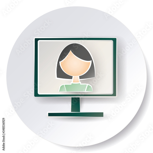Image of a woman on the monitorin in a round frame. Button for design