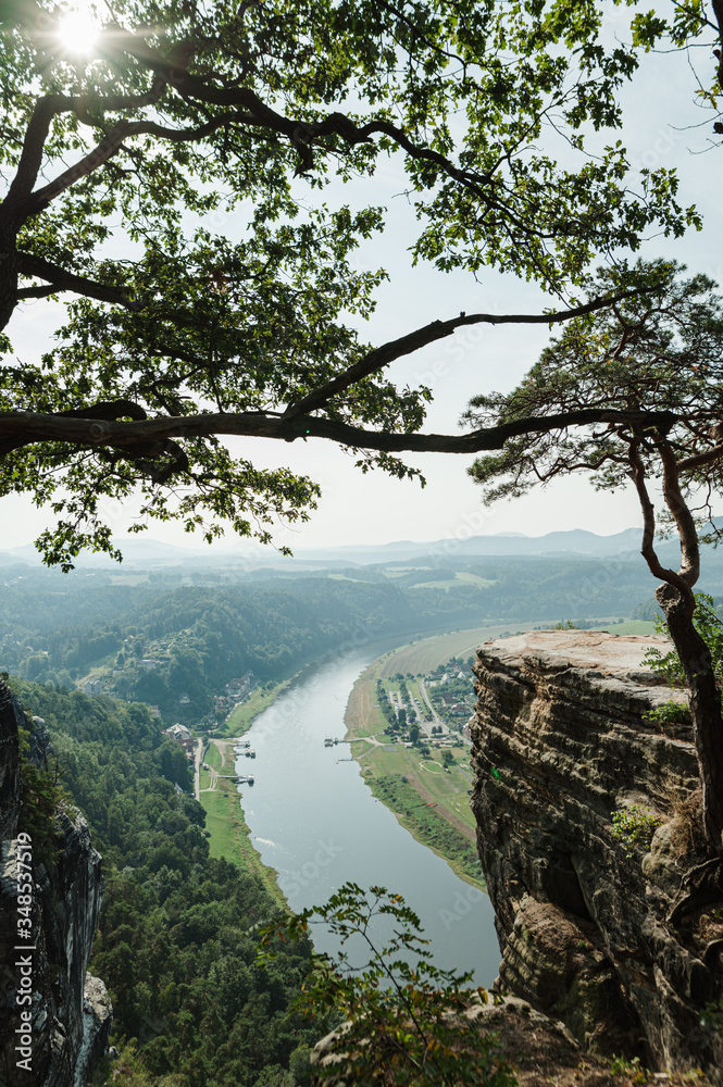 Obraz premium Landscape on the river Elbe from above through rocks and trees in Saxon Switzerland. View from the viewpoint of Bastei in Saxon Switzerland Germany, Dresden to river Elbe. Wallpapers.Vertical