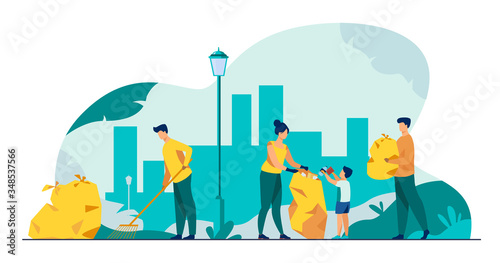 Volunteers community cleaning garbage flat vector illustration. People working in team for city ecology protection. Environment, nature and clean planet concept