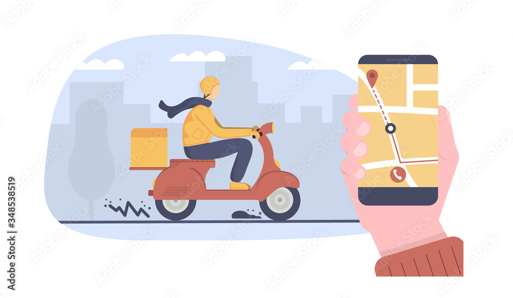Concept of scooter delivery man carrying a package and driving fast. A city downtown on the background. And a hand holding a mobile phone, tracking courier on moped. Flat cartoon illustration, baner.