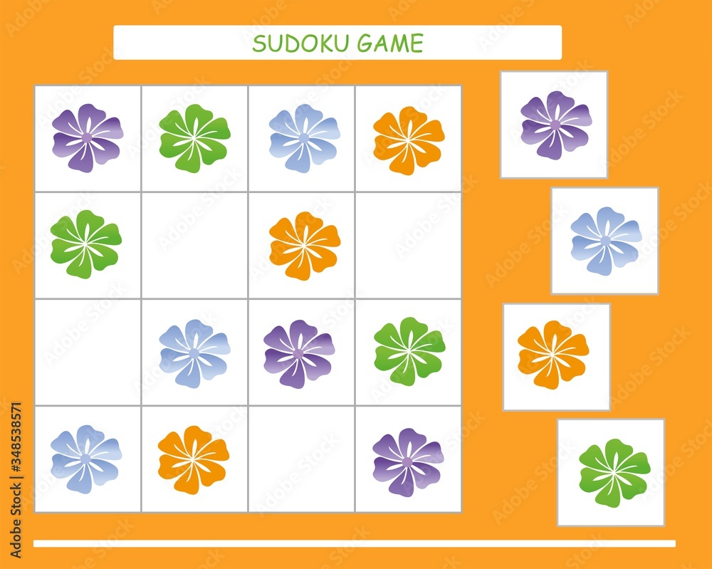 Sudoku for kids. Kids activity sheet. Training logic, educational game. Sudoku game with cute flowers. Sudoku for kids. Kids activity sheet. Training logic, educational game. Sudoku game with cute flowers.