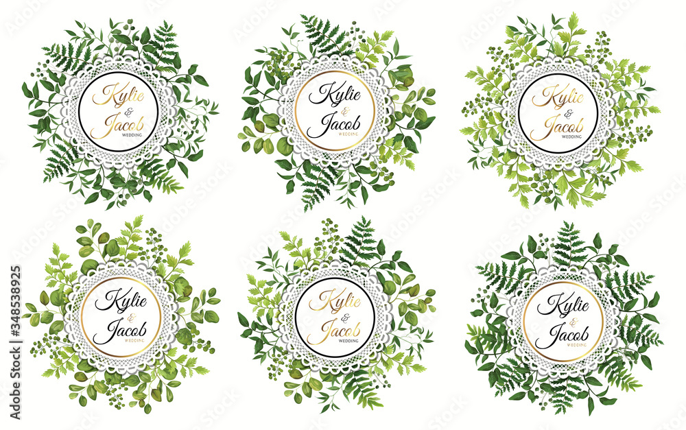 Set of circle frame herbs in green wreaths. Element design vector illustration. Isolated on white background. Perfectly for greeting card design. Set of circle frame herbs in green wreaths. Element design vector illustration. Isolated on white background. Perfectly for greeting card design.