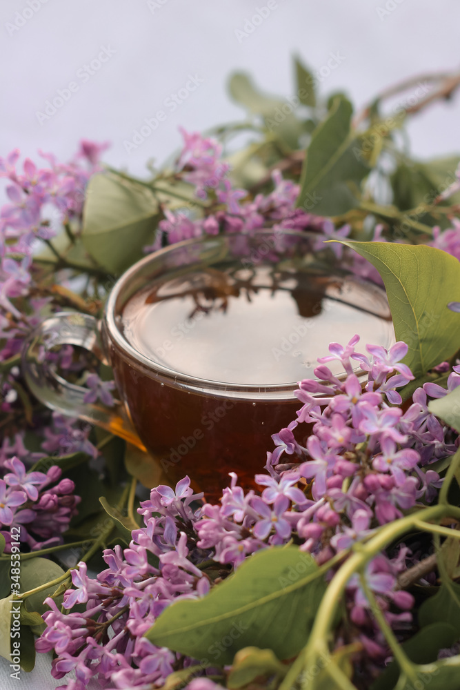 cup of tea surrounded by lilac, tea on a background of lilac, black tea in a transparent cup cup of tea surrounded by lilac, tea on a background of lilac, black tea in a transparent cup