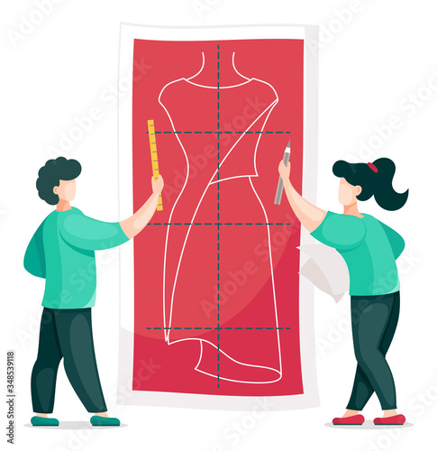 Concept of sewing workshop with designers, seamstress with ruler and pencil working with dress pattern. Sewers with stationery tools. Man and woman look at pattern of future dress. Cartoon characters