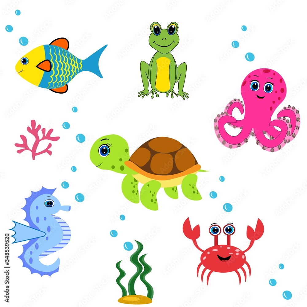 Fototapeta premium Cute colorful sea animals. Marine life. Ocean wildlife . Octopus, whale, seahorse, jellyfish,frog, turtle, crub, clown fish, sea star.