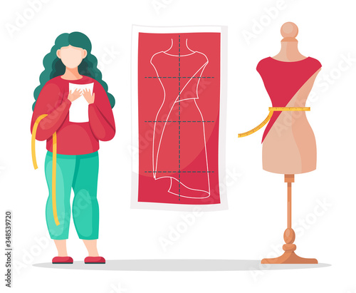 Flat vector illustration with cartoon character. Woman seamstress, designer or sewer making notes and measuring waist of dress. Piece of red fabric at maneqquin, future dress. Sewing workshop concept