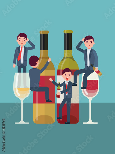 Alcohol addiction, people abuse spirit, man is an alcoholic, problem alcoholism, design, cartoon style vector illustration. Glass bottles with wine, habit drinking, depression, bad character drunkards