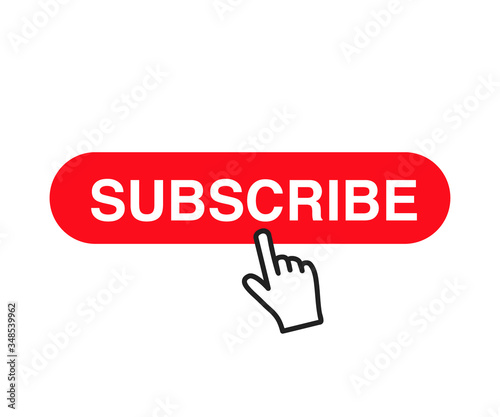 Subscribe red button with hand cursor. Subscribe to channel, blog. Social media background. Vector illustration. EPS 10