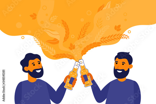 Bearded men drinking beer in bottle flat vector illustration. Hipsters smiling and cheers with wheat or malt pattern. Alcohol, drink and weekend concept