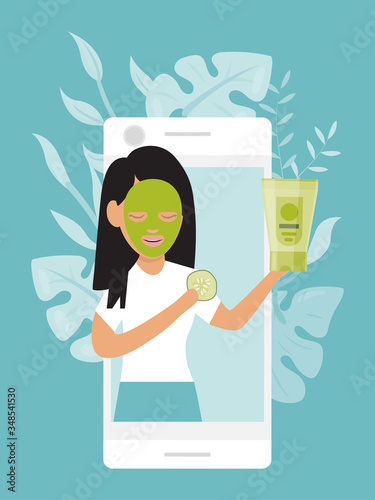 Character female online blogger, beauty internet blog vlog concept flat vector illustration. Woman hold skin care cream, tutorial lifestyle makeup blogging smartphone and mobile phone gadget.