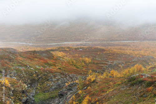 Sarek National Park in Lapland view from the mountain, autumn, Sweden, selective focus
