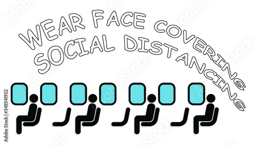 Commercial aircraft passengers practicing social distancing and advised to wear face coverings as countries prepare to unlock restrictions due to pandemic isolated on white background 