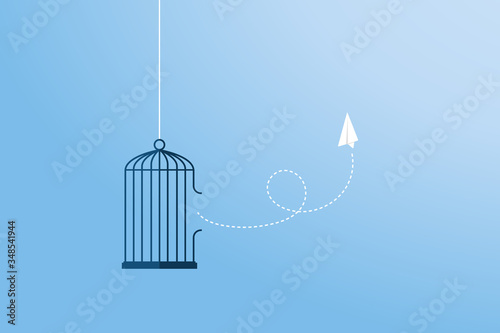 Flying paper plane and cage. Freedom concept. Emotion of freedom and happiness. Minimalist style.	