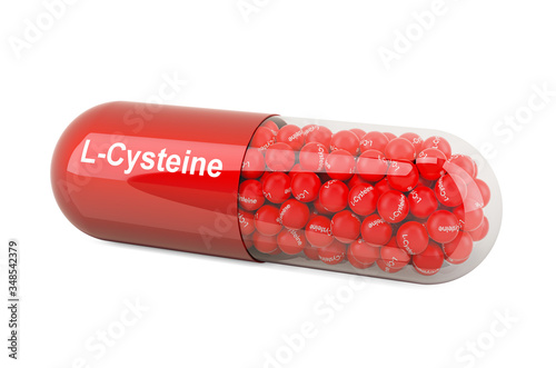 Capsule with L-cysteine, dietary supplement. 3D rendering