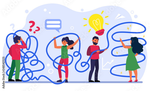 Businesspeople finding solution flat vector illustration. Cartoon people unravelling thread and solving challenge. Management, business and teamwork concept