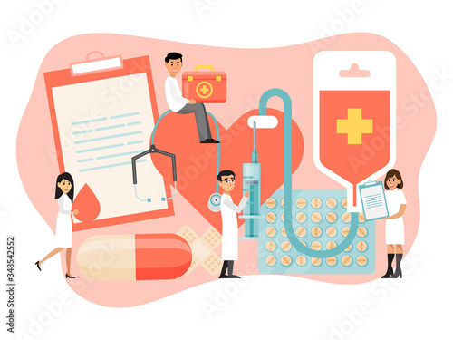 Tiny character male female doctor bloodstream examination, blood donation concept banner isolated on white, flat vector illustration. Therapist personal hold pill drug, stuff and heart equipment.