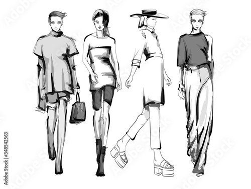 Beautiful young women in modern style.. Hand drawn stylish woman portrait. Fashion lady. Festive outfit. Sketch. Fashion model posing in dress. Hand drawn fashion woman.