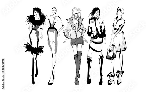Beautiful young women in modern style.. Hand drawn stylish woman portrait. Fashion lady. Festive outfit. Sketch. Fashion model posing in dress. Hand drawn fashion woman.
