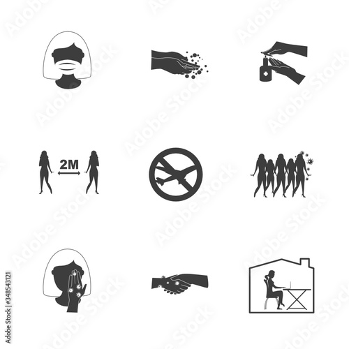  Set of Coronavirus Protection icon. washing hand, wearing mask, avoid travel. vector.