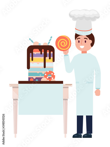 Pastry chef male character cake maker, cooking sweet bakery food isolated in white, flat vector illustration. Male professional confectioner in hat hold lollipop, big delicious muffin biscuit.